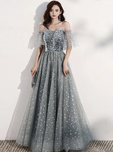 A Line Gray Off the Shoulder Lace Up Tulle Sequins Prom Dresses