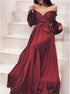 A Line Off the Shoulder Dark Red Satin Long Sleeve Pleats Prom Dress LBQ3784