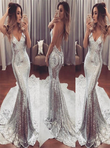 Mermaid Silver Sparkly Sequins V Neck Criss Cross Prom Dresses