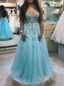 A Line V Neck Beaded Tulle Open Back Prom Dresses LBQ3744