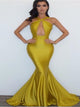 Yellow Mermaid Satin Halter Prom Dresses LBQ3624