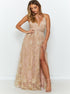 A Line V Neck Rose Gold Appliques Tulle Criss Cross Prom Dresses LBQ3512