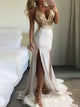 Mermaid Spaghetti Straps V Neck Sequins Backless Satin Prom Dresses