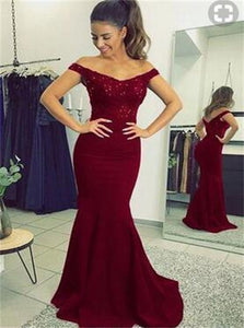 Burgundy Mermaid Satin Prom Dress With Applique and Beading LBQ3859