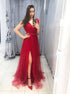 A Line V Neck Tulle Red Prom Dresses with Slit LBQ3662