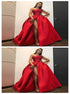 A Line One Shoulder Red Satin Prom Dresses with Slit LBQ4006
