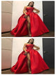 A Line One Shoulder Red Satin Prom Dresses with Slit