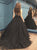 A Line High Neck Black Sequins Tulle Prom Dresses 