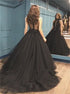 A Line High Neck Black Sequins Tulle Prom Dresses LBQ3606