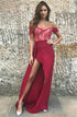 A Line Off the Shoulder Sweep Train Dark Red Chiffon Split Prom Dress with Lace LBQ3291