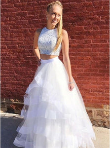 A Line Two Piece Round Neck Long White Tulle Ruffles Prom Dresses