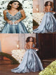 A Line V Neck Dusty Blue Backless Sequins Satin Prom Dresses