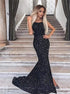 Black Sequins Scoop Mermaid Backless Prom Dress with Slit LBQ4175