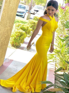 Mermaid Halter Yellow Satin Prom Dresses