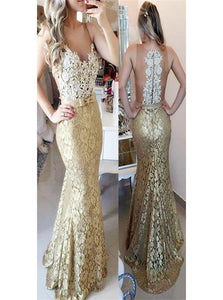 Champagne Scoop Lace Mermaid Appliques Prom Dresses