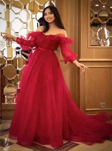 A Line Red Tulle Long Sleeves Off the Shoulder Pleats Prom Dresses