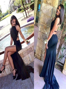 A Line Halter Backless Navy Appliques Satin Prom Dress with Slit LBQ4156