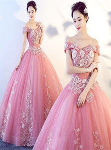 Candy Pink Ball Gown Off The Shoulder Short Sleeve Appliques Tulle Prom Dresses