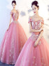 Candy Pink Ball Gown Off The Shoulder Short Sleeve Appliques Tulle Prom Dress LBQ3211