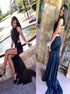 A Line Halter Backless Navy Appliques Satin Prom Dress with Slit LBQ4156