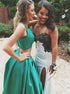 Emerald Green A Line Two Piece Spaghetti Straps Satin Prom Dress with Pockets LBQ4262