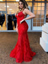 Red Lace Up Mermaid Appliques Tulle V Neck Prom Dresses LBQ4320
