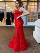 Red Lace Up Mermaid Appliques Tulle V Neck Prom Dresses 