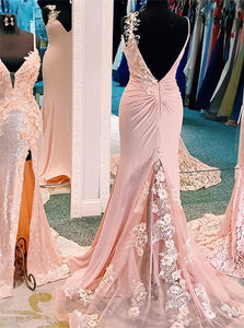 Mermaid V Neck Pink Satin Appliques Slit Backless Sequin Prom Dresses 
