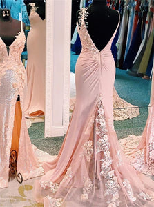 Mermaid V Neck Pink Satin Appliques Slit Backless Sequin Prom Dresses 