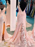 Mermaid V Neck Pink Satin Appliques Slit Backless Sequin Prom Dress LBQ3798