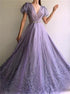 A Line Purple Tulle Puffy Short Sleeves V Neck Beadings Prom Dress LBQ2491
