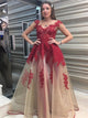 A Line Tulle V Neck Appliques Prom Dresses