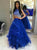 A Line Scoop Blue Tulle Ruffles Prom Dress with Beadings
