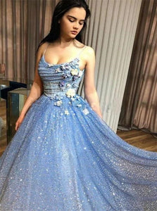 A Line Spaghetti Straps Sequins 3D Flowers Prom Dresses
