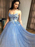 A Line Spaghetti Straps Sequins 3D Flowers Prom Dresses LBQ3745