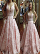 A Line V Neck Appliques Tulle Prom Dresses 