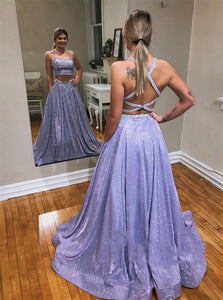 Two Pieces Sparkly A Line Cross Criss Satin Prom Dressess