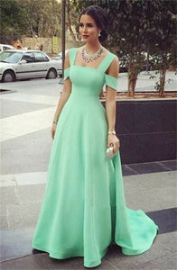 A Line Square Cold Shoulder Pleats Green Chiffon Sleeveless Prom Dress LBQ3292