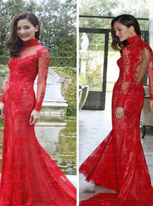 Mermaid Scoop Backless Long Sleeves Lace Prom Dresses LBQ3850