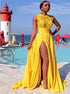 A Line Yellow Chiffon Slit High Neck Appliques Prom Dresses LBQ3785