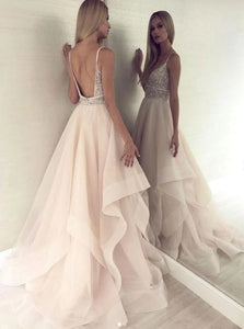 A Line Spaghetti Straps Backless Ruffles Tulle Prom Dresses