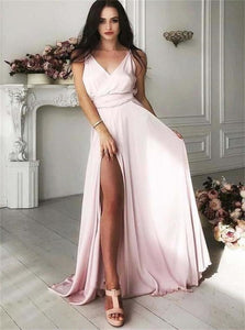 A Line V Neck Split Satin Pink Prom Dresses