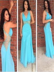 Mermaid V Neck Beading Chiffon Criss Cross Prom Dresses