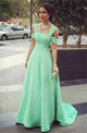 A Lien Square Cold Shoulder Pleats Sweep Train Green Chiffon Sleeveless Prom