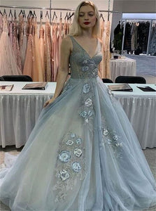 A Line V Neck Tulle Appliques Gray Prom Dresses