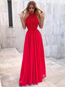 A Line Scoop Red Chiffon Ruffles Prom Party Dresses