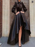 A Line Black Satin Bowknot Long Sleeve Asymmetrical Prom Dresses LBQ3551