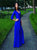 A Line V Neck Long Sleeves Satin Royal Blue Prom Dresses with Slit LBQ3721