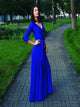 A Line V Neck Long Sleeves Satin Royal Blue Prom Dresses with Slit LBQ3721