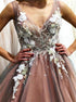 A Line V Neck Tulle Beadings Prom Dress With Flowers LBQ3746